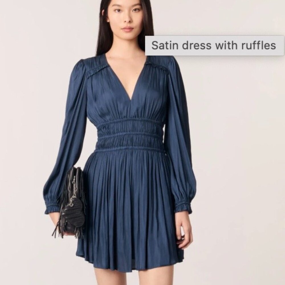 Maje Satin dress with ruffles- Navy